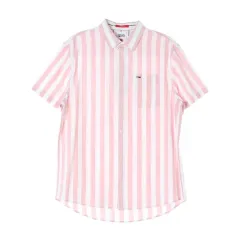 新品 XL Tommy Hilfiger(トミーヒルフィガー) ジーンズ リネン ピンク ストライプ 半袖 シャツ