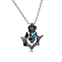 【新品】 [Rockyu] ジュエリー ブランド ペアネックレス カップル 人気 ステンレス クラウンネックレス メンズ チタン 王冠 ハート お守り ブルーサファイア ブルー アンティーク風 (男女‐ペアネックレス) (ブラック-男性用)