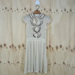 ヴィンテージ シースルー シャーリング フレンチスリーブ シフォン ワンピース アイボリー ( HU7311 )