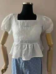 ホワイトパープルパフクロップブラウス