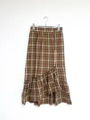 ヴィンテージ 森ガール 茶色 チェック フリル ロング丈スカート