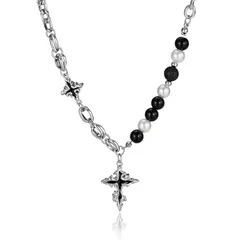 【新品】 [Rockyu] ネックレス メンズ 十字架 ステンレス パール＆火山岩ビーズ シルバーチェーン ペンダント ロングネックレス ヴィンテージ風 クロスアクセサリー 誕生日 クリスマス プレゼント 1
