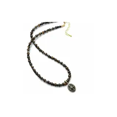 【新品】 [シルバーワン] si 不思議のメダイ 聖母マリア ネックレス ウッド ビーズ ブラックスピネル ヘマタイト メンズ (50cm+調整チェーン) 1