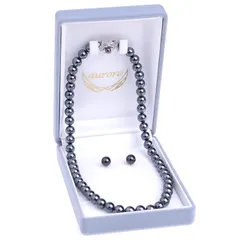 【新品】 [アウローラ] 8mm本貝パールネックレス 日本製 イヤリング ピアス 化粧箱 ３点セット (16インチ, ブラック・ピアス) 1