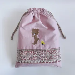 入園入学☆ハンドメイド くま巾着袋 ピンク☆インド刺繍　シューズ袋　お着替え袋