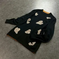 美USED GK 伊太利屋 イタリヤ 長袖 ウール/カシミヤ ニット セーター クルーネック ハート柄 レオパード ヒョウ柄 ライトストーン カシミヤ混 ブラック 黒