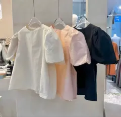 半袖パフ夏コットン白BLACKPINKシャツラウンドネックブラウス