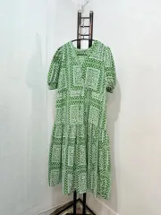 Vネック グリーン プリンティング ロング丈ワンピース ドレス ロング丈 シャーリング 3362