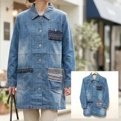 遊び心を感じる【TITICACA】チチカカ ロング ジャケット デニム シャツ アウター 上着 羽織り ライトインディゴブルー エスニック アジアン ボア ヒッコリー 異素材切替 レディース フリー サイズF /M43746jQのサムネイル