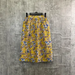 【T-952】花柄フレアスカート マスタード イエロー 総柄 ミモレ丈 ウエストゴム レディースM相当 個性派
