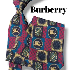 Burberrys バーバリーズ ネクタイ 総柄 チェック柄 紋章柄 ホースロゴ シルク 美品 シルク100% ネイビー（濃紺）×レッド×ブルー×ゴールド