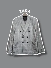 100 ／ ZARA(ザラ) リネン ブレンド ダブルボタン チェック ジャケット 0421