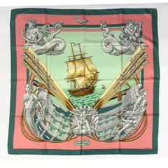 HERMES エルメス カレ90 シルクスカーフ 船柄 ピンク グリーン