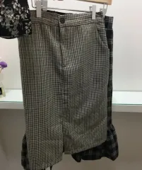 ( Free ) ブラウン ミディ チェック柄スカート スリットスカート