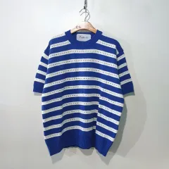 SS新作) 透かし編み ストライプ 半袖ニット 3color