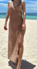 レディース 茶色 ノースリーブ スリット レイヤード カバー力アップ ワンピース 66