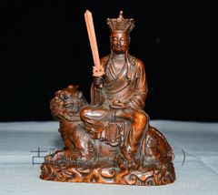 From an old family collection: Boxwood intricately carved Jizo Bodhisattva statue with riding animal, Buddhist statue, memorial item, antique art, collector's item.