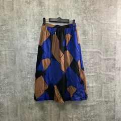 【T-965】総柄スカート M相当 幾何学柄 ブルー ブラウン フレアスカート ひざ丈 ウエストゴム レディース 古着 秋冬 レトロデザイン おしゃれ カジュアル 個性派 コットン素材