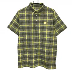 【美品】ジャックバニー 半袖ポロシャツ グレー×イエロー チェック ワッペン ボタンダウン メンズ 5(L) ゴルフウェア Jack Bunny