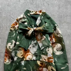 昭和レトロ 深緑×アンティーク花柄 ビッグリボン襟 ロングワンピース Aライン長袖 ミディ丈