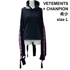 ◇ 希少 ヴェトモン VETEMENTS チャンピオン Champion コラボ フーディー 再構築 ロゴテープ パーカー トップス 黒 綿 L メンズ Z6B775
