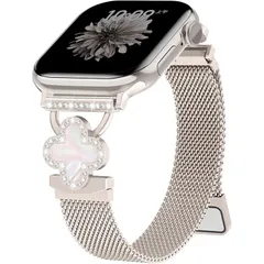 【新品】 コンパチブルApple Watchバンド用スリムマグネット式ミラネーゼループ 42mm、41mm、40mm、38mm、44mm、45mm、46mm - キラキラ輝くチャーム付き、キュートなステンレススチールメッシュブレスレット（女性向け）iWat 0