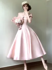 送料無料 パーティードレス ミディアムドレス オフショルダー ベージュピンク バックリボン 成人式 結婚式 二次会 披露宴 ゲスト ウエストマーク タイトシルエット 上品 華やか エレガント フェミニン 可憐 おしゃれ