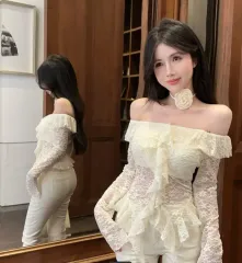 (海外配送) オフショルダー レース ブラウス