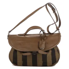 [中古] FENDI フェンディフラップ・メッセンジャー・トップハンドル茶色ペカンストライプキャンバス、カーフスキンレザーA
