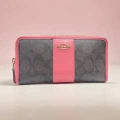 COACH/コーチ 長財布 ラウンドファスナー シグネチャー ブラウン ピンク