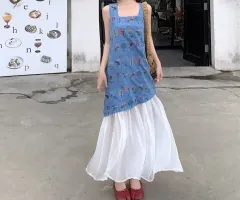 フラワー レイヤード ノースリーブ ワンピース- L