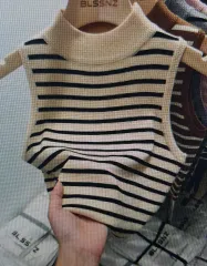 (海外配送) ハーフタートルネック ボーダー柄 ノースリーブTシャツ