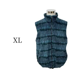 希少 XL 総柄 フリースベスト 青 緑 ツリー柄 木 レトロ 立ち襟 ジップアップ 裏ボア ボアフリース アウトドア キャンプ ゆるだぼ ビッグシルエット メンズ 古着 ヴィンテージ 00s 90s スタイル