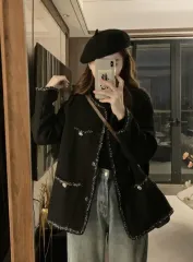 (海外配送) オーバーサイズ ブラック ラメ ツイード ジャケット