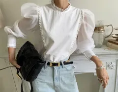 (海外配送) 白 レース シャツ