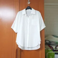 夏 白 ポケット とろみ素材 ブードル 半袖 シャツ ブラウス ルーズフィット フリー