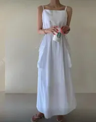 ロングコットン ホワイトノースリーブ レイヤード夏 キャミソールシャーリング ONE PIECE