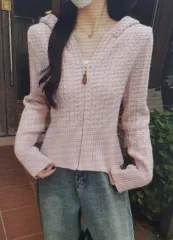 (海外配送)ケーブル編み ニット フードジップアップ カーディガン セーター (複数カラー)