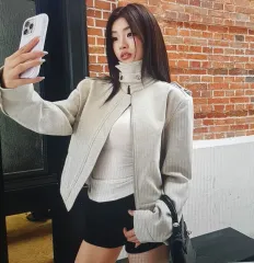 (海外配送)アイボリー ハイネック ジャケット ショート 丈