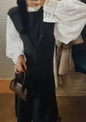 (海外配送)おしゃれなボタンデザイン ニット ベスト + レース シャツ セットアップ