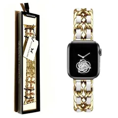 【新品】 Royce&Roland Apple watch チェーンベルト おしゃれ アップルウォッチ 時計 バンド (合皮レザー シルバー メタル) レディース メンズ ギフト プレゼント (44mm 45mm 46mm 49mm, ゴールド/ホワイト) 1