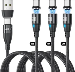 【特価商品】AUFU マグネット USB C 充電ケーブル PD 60W 9ピン QC3.0急速充電 超高速データ転送 【1m/1m/2m】360°回転 マグネット式 着脱式 Type‐C ケーブル LED付き USB-A Type‐C スマホ タイプC コレ