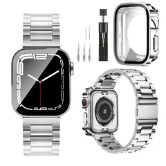 【新品】 CABOBE コンパチブル Apple Watch バンド 49mm 45mm 44mm 41mm 40mm Apple Watch バンド ステンレス製 防水ケース付き 一体型360ど度 3D直角エッジデザイン アップルウォッチ バンド 金属ベ 1