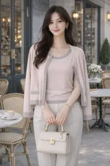 【美品】【参考価格92,880円】【クリーニング済】FOXEYNEW YORK 39938 /フォクシー ニューヨーク40 フレンチローズ Twin Knit ツインニット バイカラー カーディガン ノースリーブニットシルバーメタルボタン