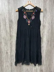 Flower Children 花柄 刺繍 Aライン ワンピース 黒 ■◆ レディース