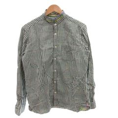 ビームス BEAMS シャツ L 白 ホワイト 緑 グリーン チェック柄 バンドカラー 長袖 /AX ■GY66