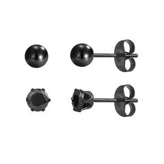 【新品】 目立たないサージカルステンレス セカンドピアス 金属アレルギー対応 つけっぱなし ファーストピアス 3mmボール CZ 2ペア 両耳用 メンズ レディース(ブラック)