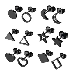 【新品】 ステンレス ピアス 18G 軟骨ピアス 6ペア アレルギー対応 スタッドピアス 月 星 ハート 三角 四角 幾何 ファッション ピアス セット ブラック 誕生日 記念日 クリスマス バレンタインデー 彼氏彼女 プレゼント