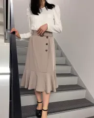 イングニ ベージュ グレー ベルト ロングスカート プリーツ フレア マーメイド スカート