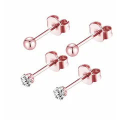 【新品】 目立たないサージカルステンレス セカンドピアス 金属アレルギー対応 つけっぱなし ファーストピアス 3mmボール CZ 2ペア 両耳用 メンズ レディース（ピンクゴールド）